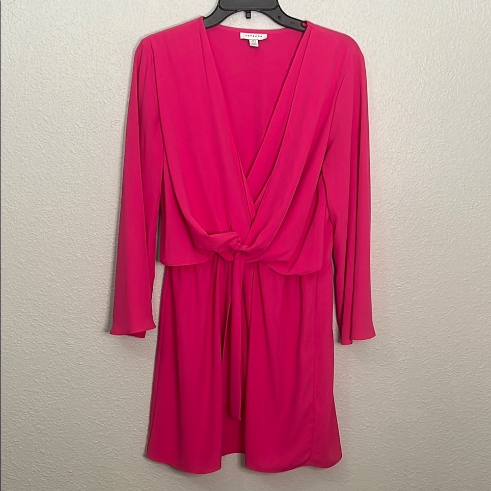 Topshop VNeck Blouson Dress Hot Pink Size 10